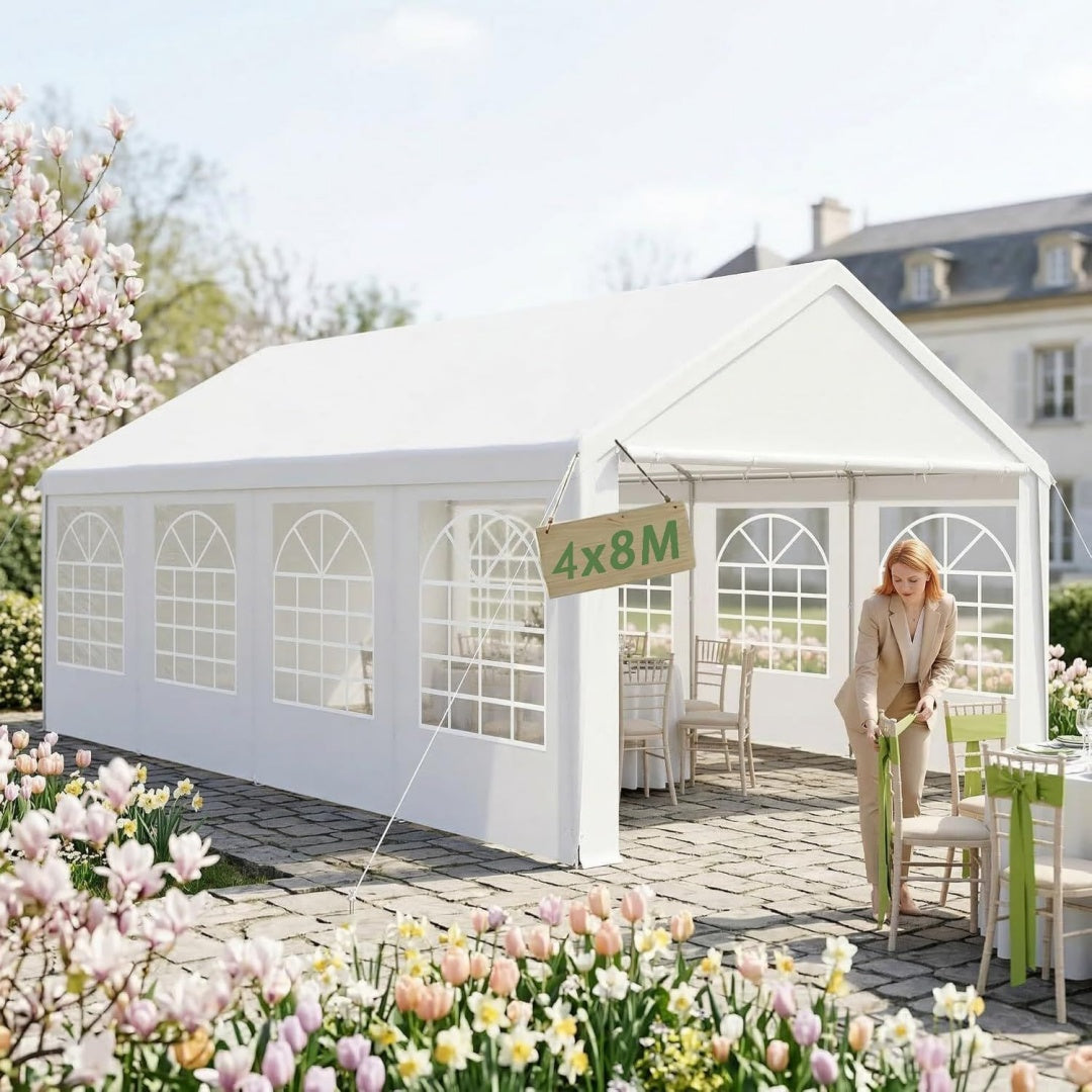 premium 4x8m partyzelt pavillonwasserdicht winterfesteinfach aufzubauenstabil mit seitenteilen fensternpe-dach garten hochzeit weiss