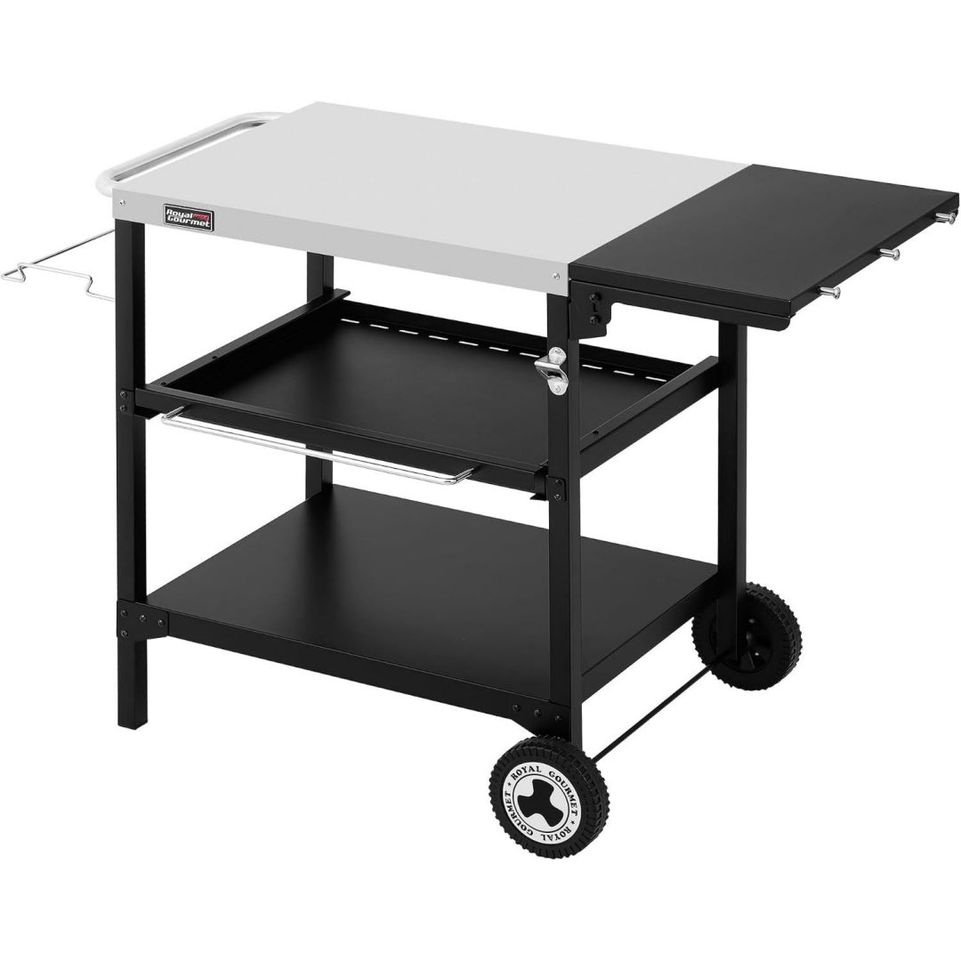 outdoor grilltisch 3-etagen servierwagen mit 100 x 50 cm tischplatte beistelltisch grillablagetisch mit klappbarer seitenablage garten trolley mit push-pull regal