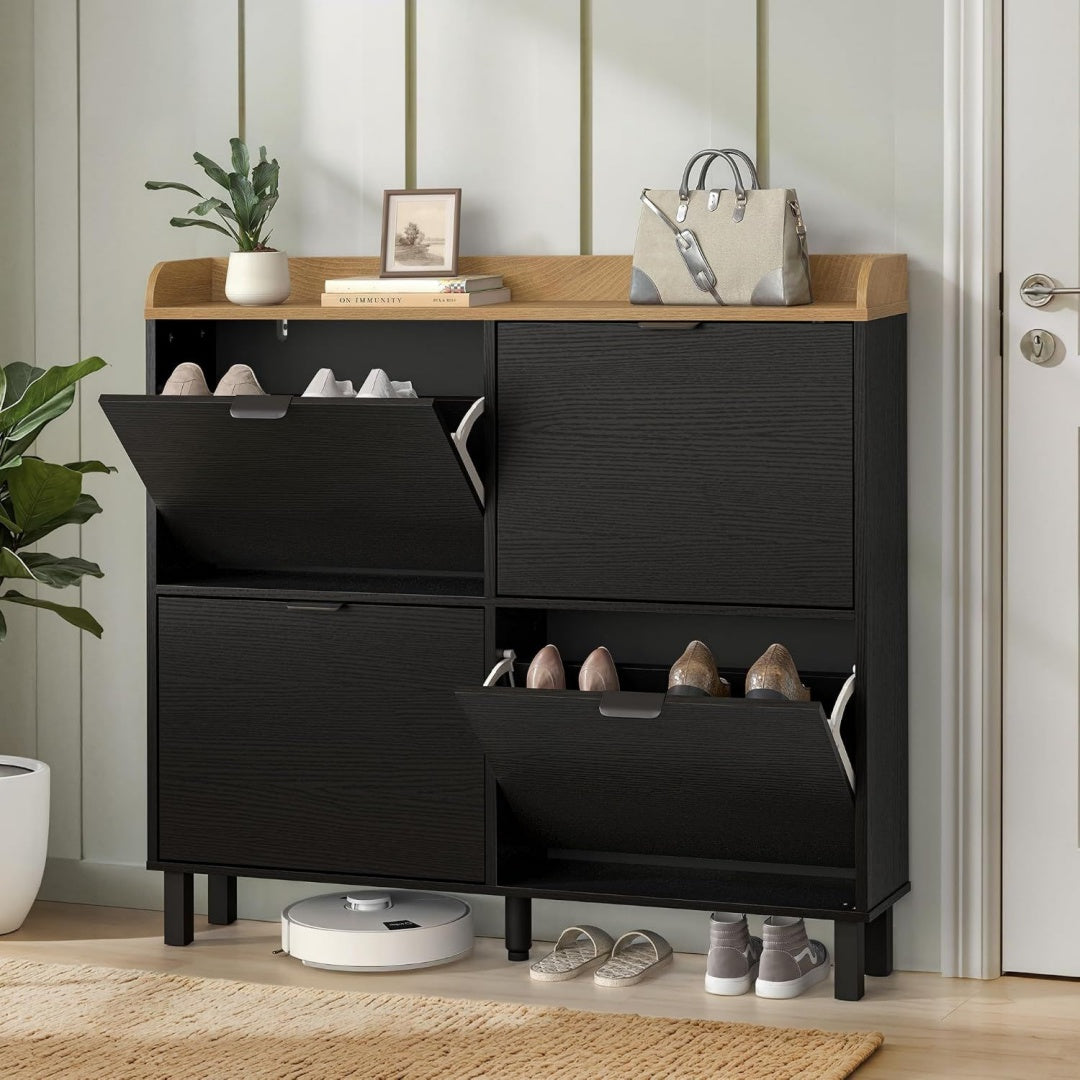 schuhschrank schmal schuhschrank mit 4 flip-klappen schuhkipper mit holzfuessen schuhregal geschlossen shoe cabinet fuer flur eingang diele garderobe 100x915x19cm schwarz