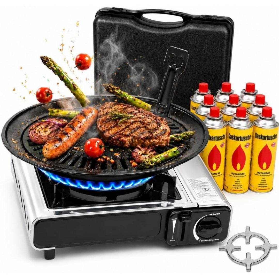 gaskocher set mit 8 gaskartuschen grillplatte herdkreuz campingkocher mit 23 kw leistung transportkoffer edelstahl