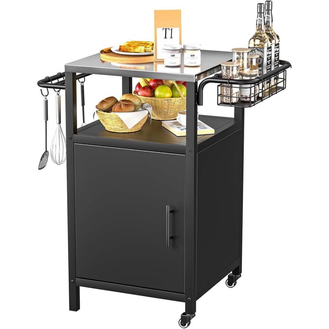 edelstahl grillwagen 3-etagen grilltisch outdoor mit schrank outdoorkueche mit 2 rollen 4 haken griff outdoor grill trolley grill beistelltisch servierwagen fuer garten picknicks partys