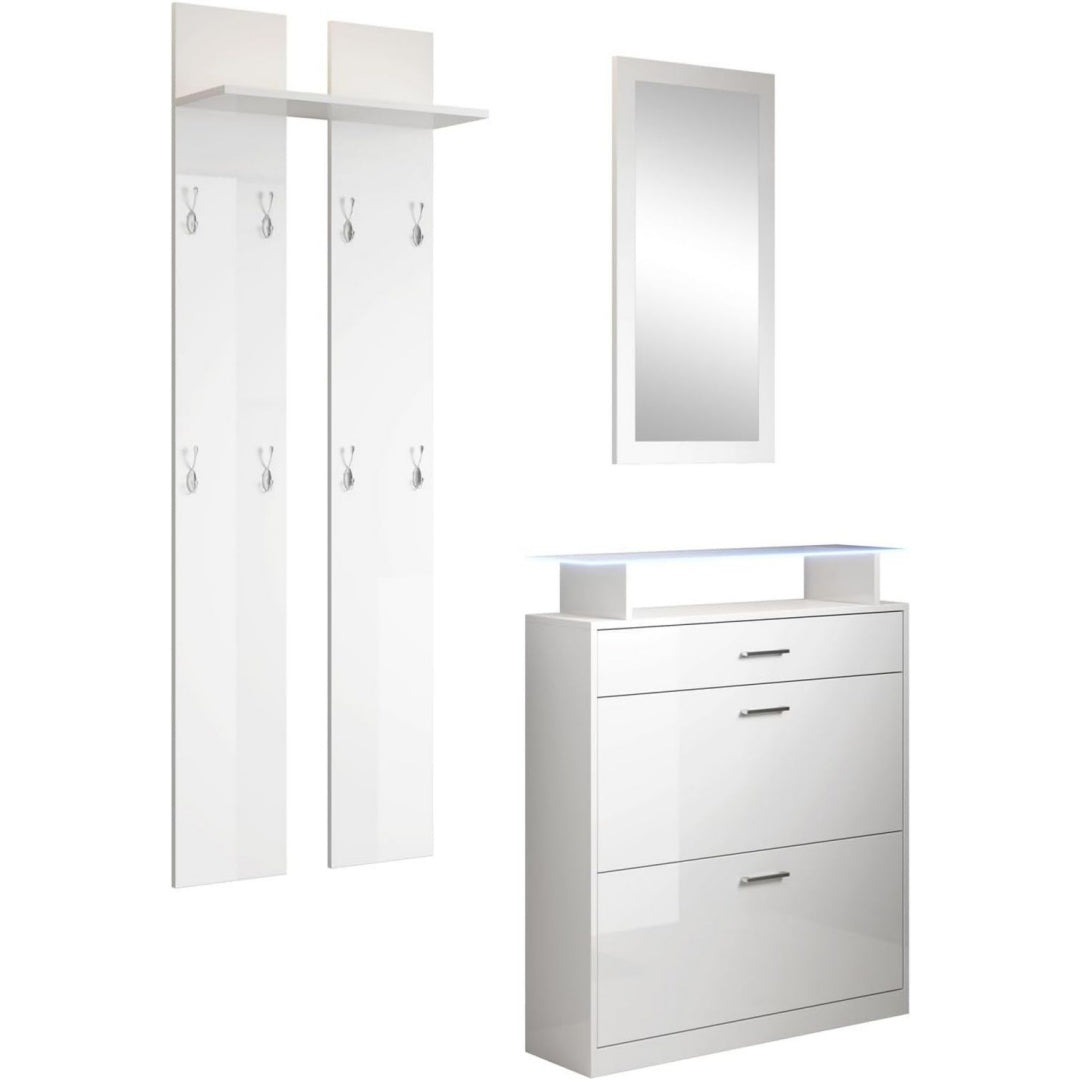 flurmoebel set mit schuhschrank spiegel und garderobe glasablage mit lichtemittierende diode glaenzendes melamin farbe weiss schuhregal fuer die tuer modell paola set