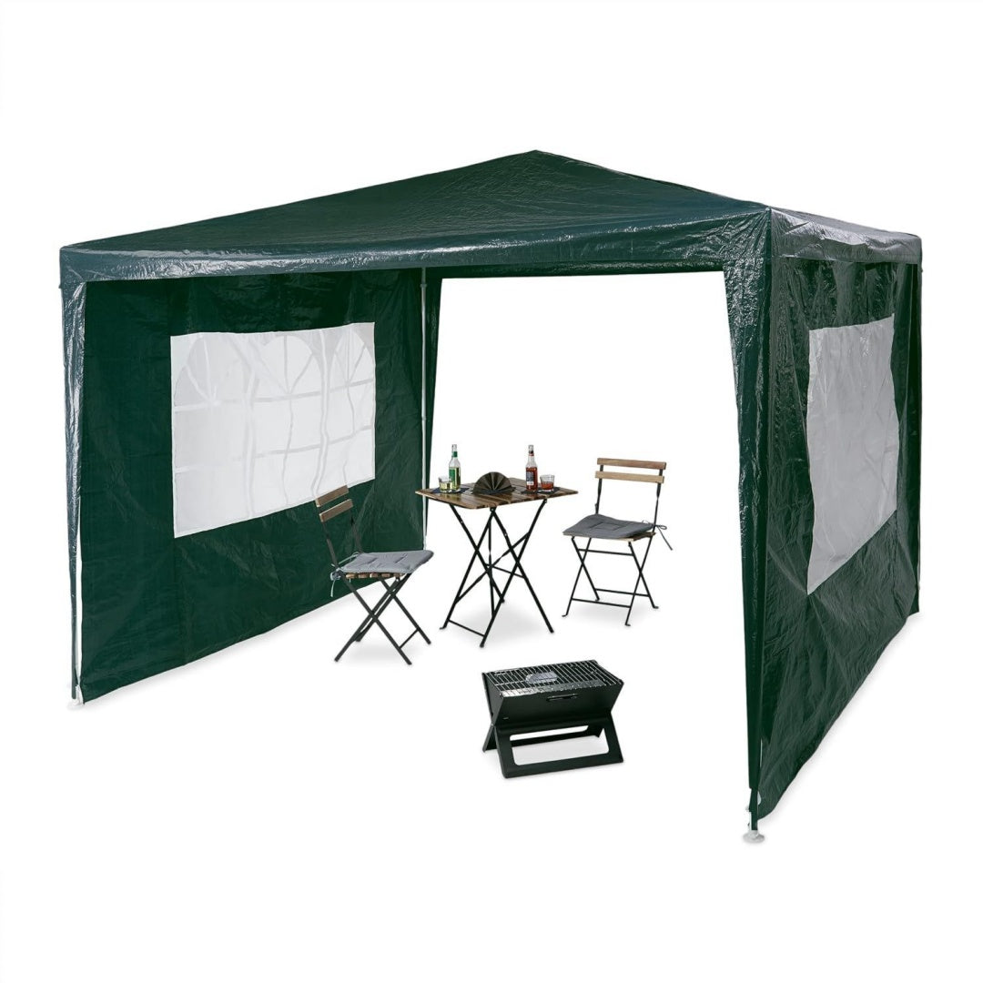 pavillon 3x3 m 2 seitenteile metall gestell pe plane fenster festival partyzelt geschlossen gruen 300 x 300 x 250 cm
