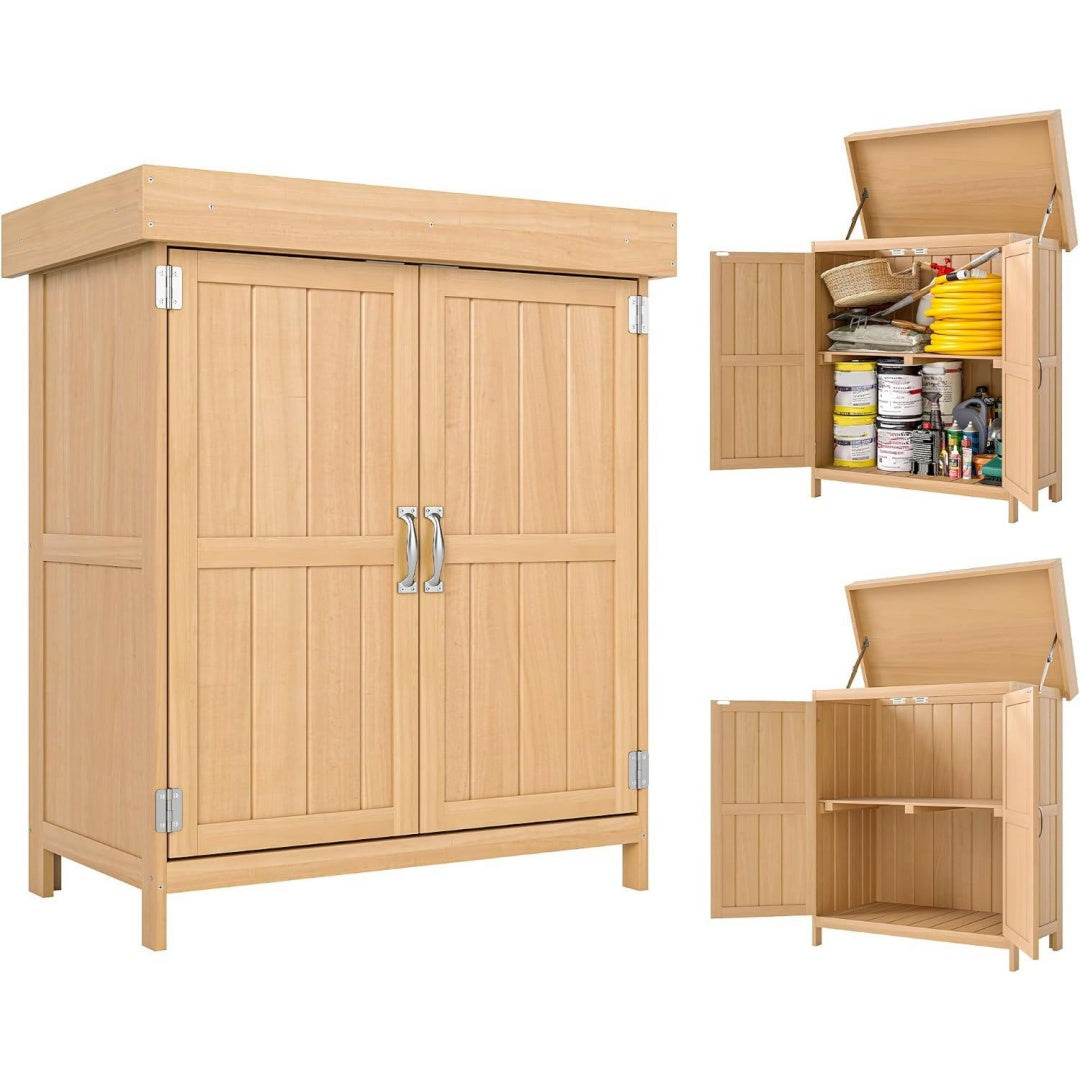 gartenschrank wetterfest 74x43x88cm mit doppeltuer 2 faechern natur tannenholz geraetehaus geraeteschuppen werkzeugschrank gartenhaus fuer garten terrasse