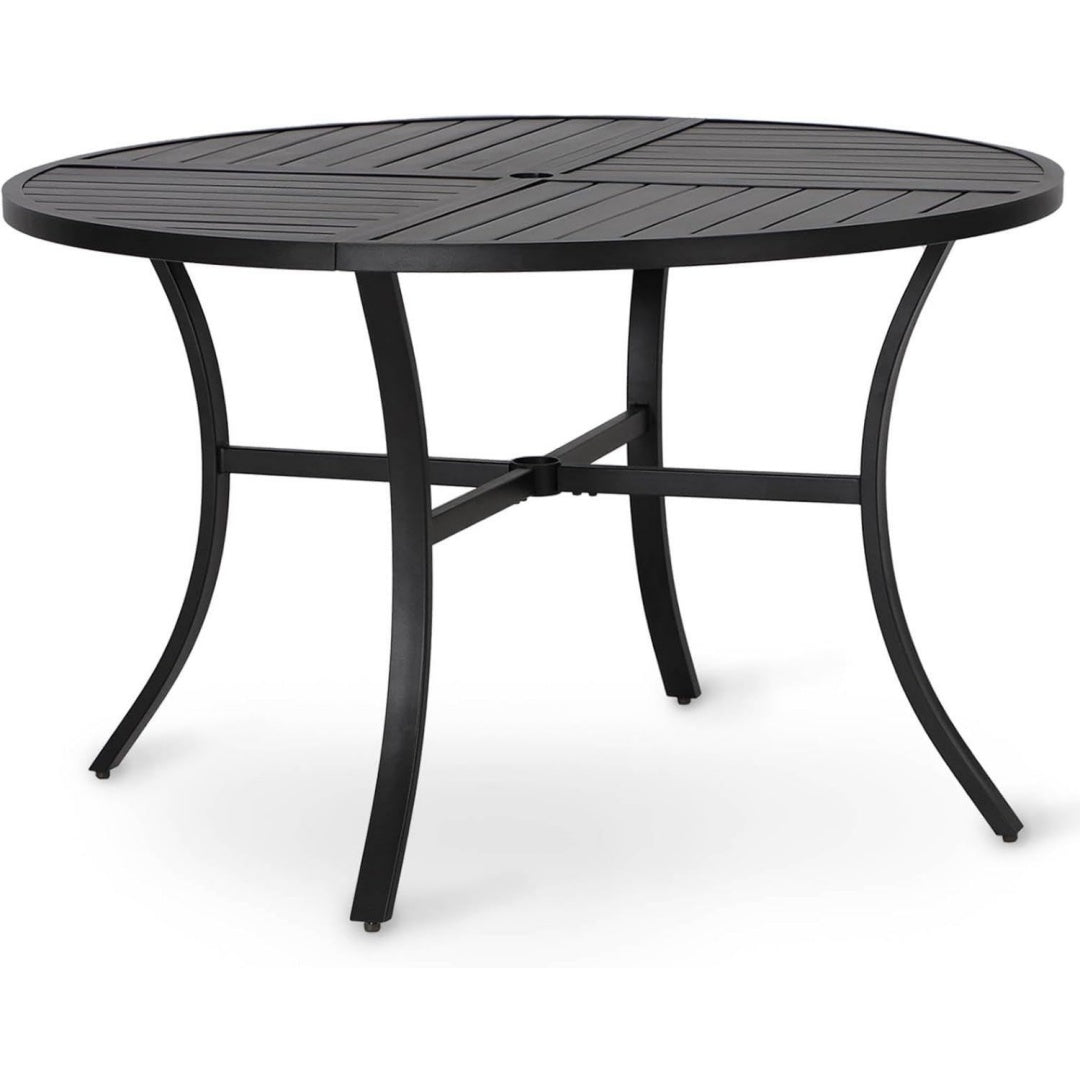 gartentisch esstisch balkontisch wetterfest 107cm outdoor rund terrassentisch mit schirmloch fuer 4 schwarze metall e-beschichtung garten aussen tisch fuer hinterhof veranda terrasse