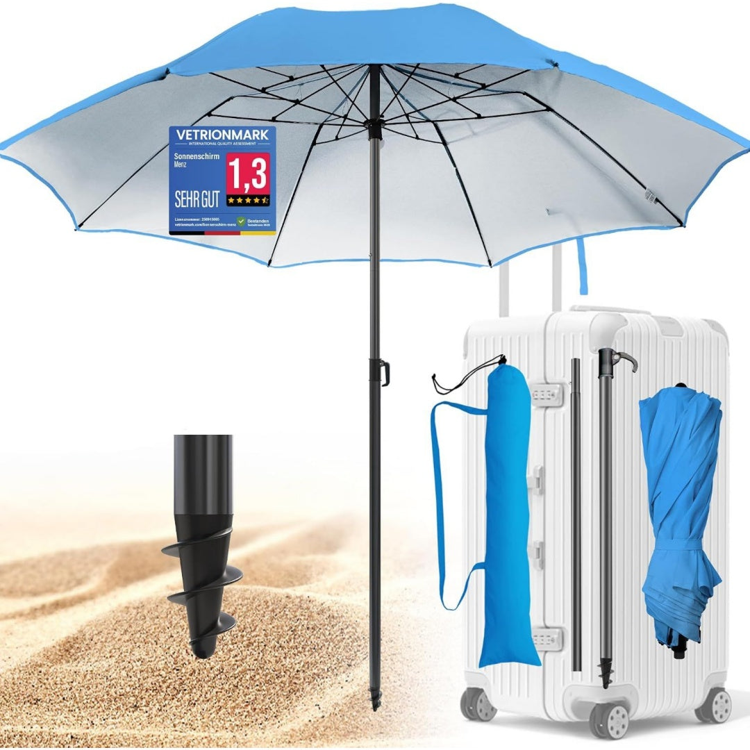 reise sonnenschirm strand 160 cm fb blau upf 50 praktischer reise sonnenschirm fuer koffer - funktioneller strandschirm klein faltbar strandschirm koffertauglich